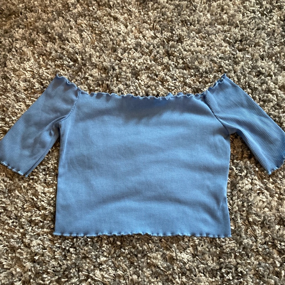 Lettuce edge blue off the shoulder top crop top